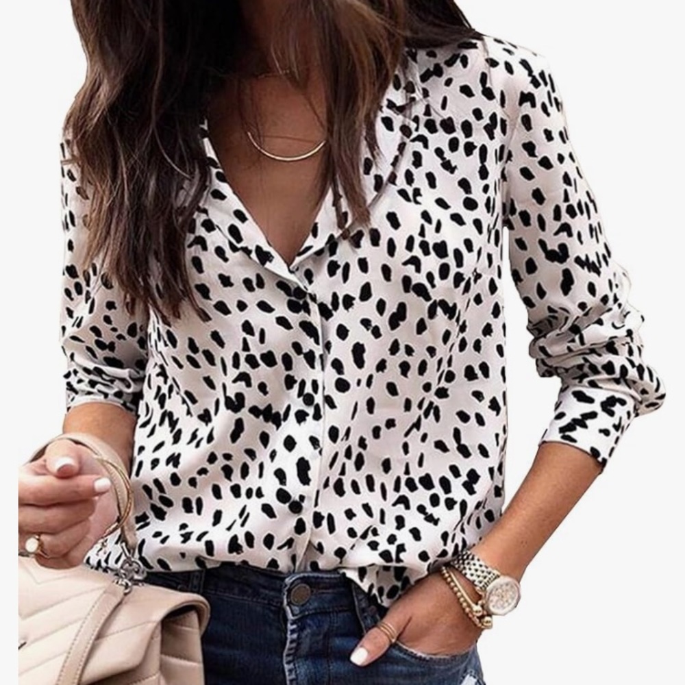 ECOWISH Womens Casual V Neck Leopard Tunic Long Sleeve Button Down Shirt small S
